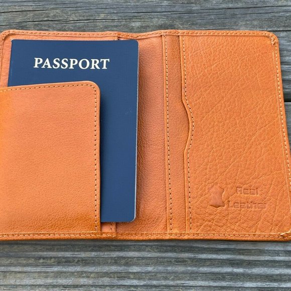 Leather Passport Holder Handmade Mustard Genuine Leather Bi Fold Travel Wallet - Picture 3 of 12